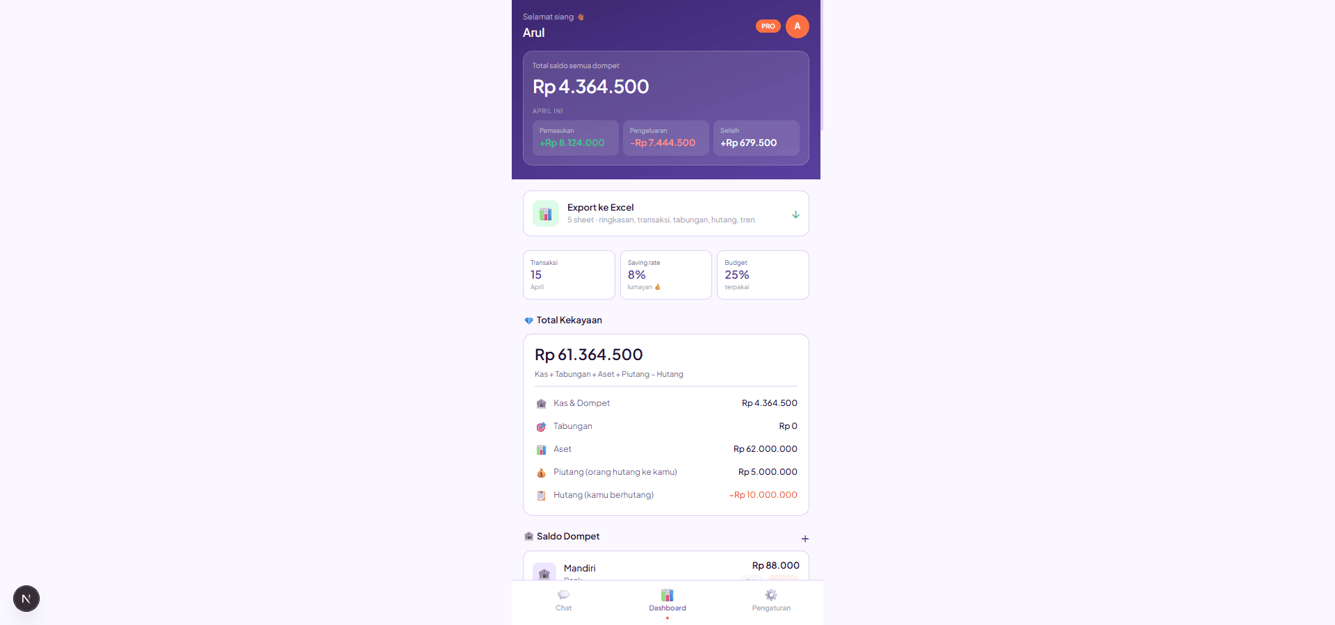 Dashboard saldo dan total kekayaan